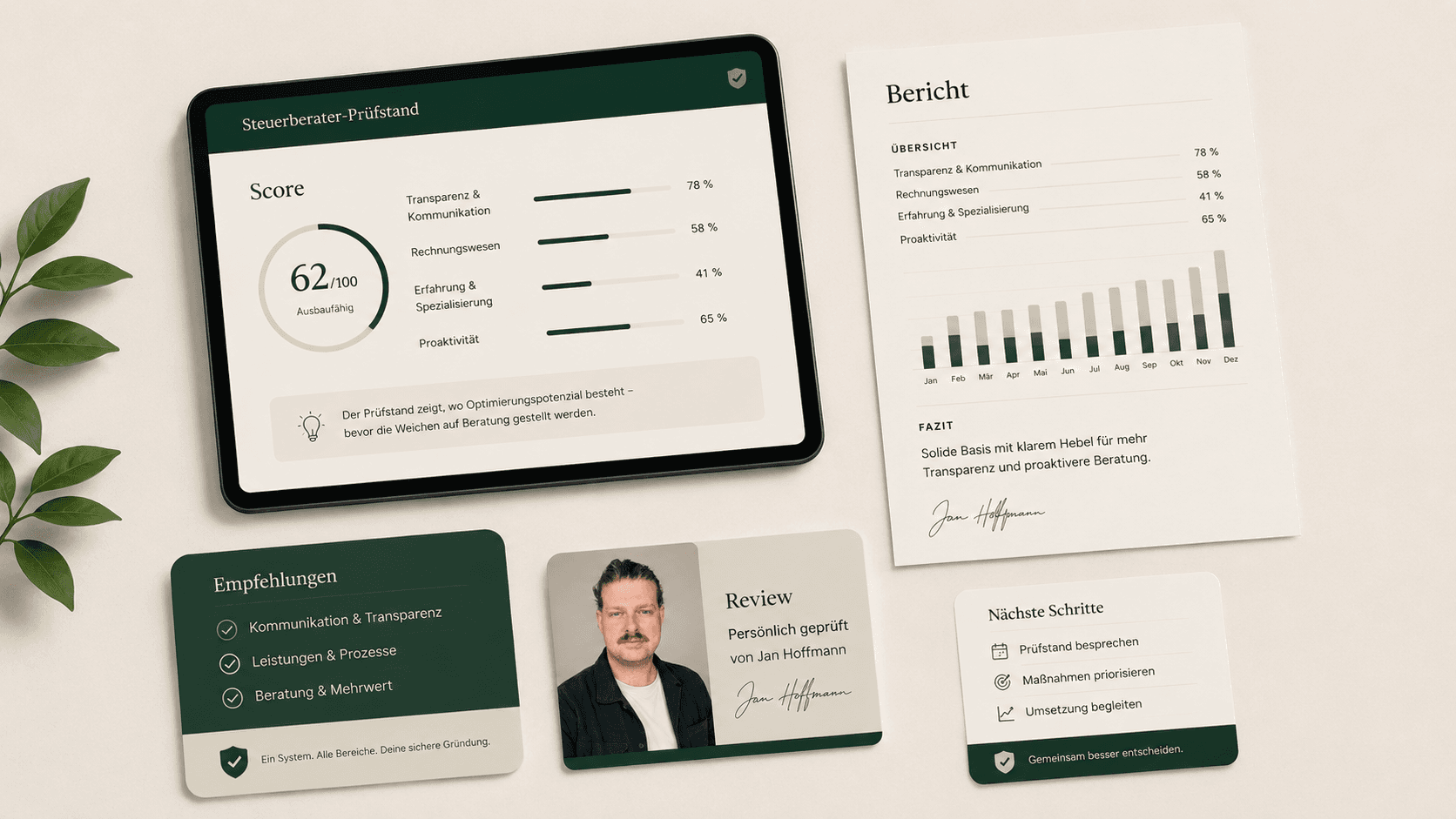 Beispiele für Score-Report, Gesprächsleitfaden und Anforderungskatalog des Steuerberater-Prüfstands